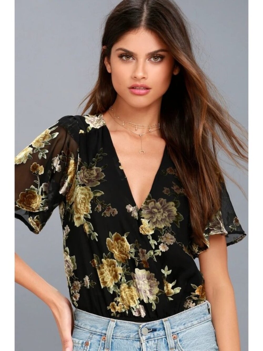 ASTR The Label Eliza Bodysuit XS Black Velvet Floral Print Gold Fairygoth Chic